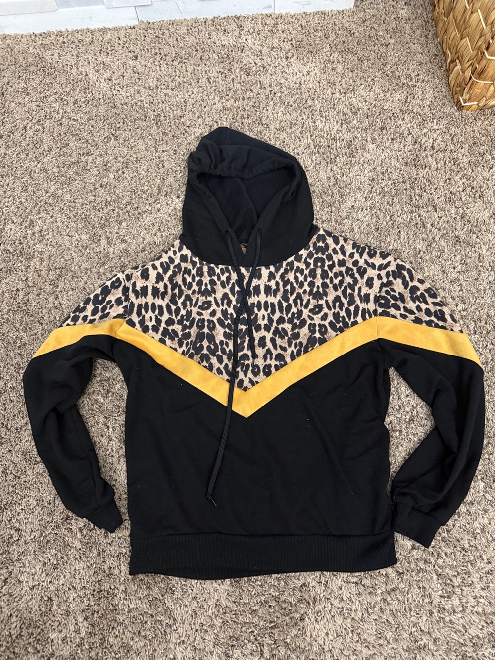 Gilded Intent Leopard Panel Black Hoodie with Mustard Chevron